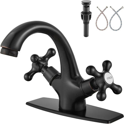 Aolemi Bathroom Sink Faucet Single Hole Cold and Hot Double Handle Cross Knobs Vanity Vessel Sink Basin Mixer Tap with Deck Cover Plate with Pop Up Drain Oil Rubbed Bronze