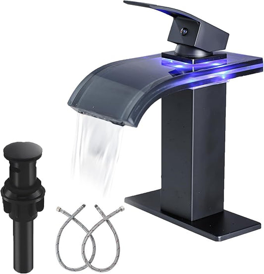 LED Bathroom Sink Faucet, Matte Black Waterfall Single Handle Vanity Faucets for Sinks 1 Hole Wide Glass Spout with Pop Up Drain with Overflow