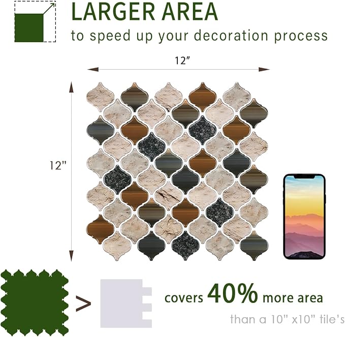 STICKGOO Arabesque Tile Peel and Stick Backsplash, 12”X12” Self Adhesive Wall Tiles (Pack of 10, Thicker Design) (Sandstone)