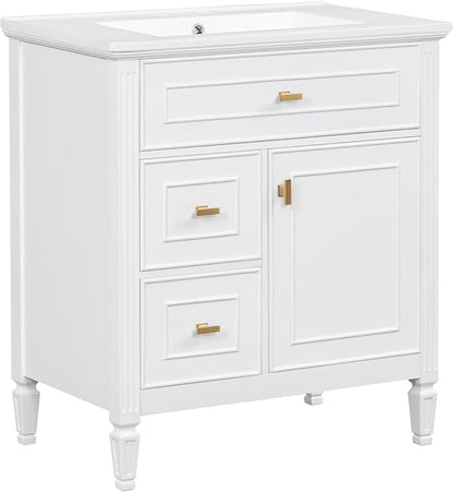 30" Bathroom Vanity with Ceramic Sink, Undermount Single Basin Bath Vanity Set w/1 Flip-Up & 2 Drawers,Modern Freestanding Storage Cabinet w/Adjustable Shelf,Solid Wood Frame,White