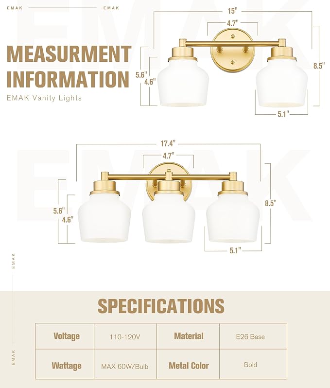 Emak Gold Vanity Light with Milk Glass Shade, Modern Bathroom Light Fixtures Over Mirror, 3-Light Bathroom Vanity Lights for Mirror, Bath, VL122-GD-ML-3