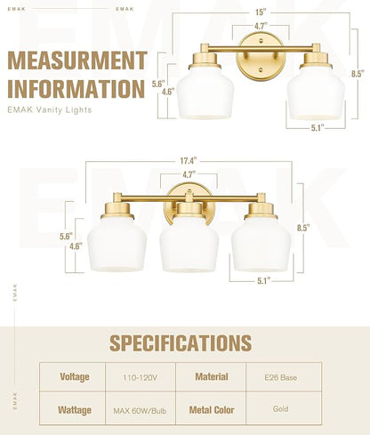 Emak Gold Vanity Light with Milk Glass Shade, Modern Bathroom Light Fixtures Over Mirror, 3-Light Bathroom Vanity Lights for Mirror, Bath, VL122-GD-ML-3