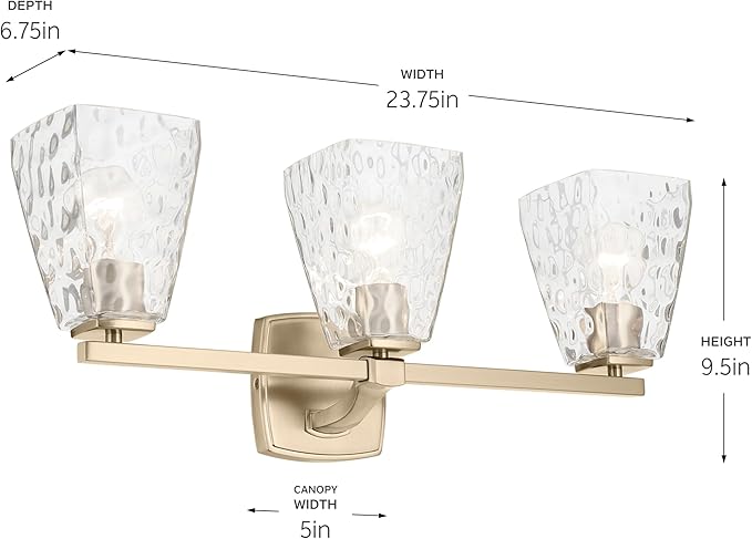 Kichler Marant 21.25" 3-Light Vanity Light with Clear Water Glass in Champagne Bronze, for Bathroom, Powder Room, Over a Mirror, (21.25" W x 9.5" H), 55216CPZWTR