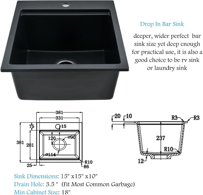 15x15 Black Drop In Bar Sink Workstation,Quartz Outdoor Rv Wet Bar | 15 Inch Single Bowl Small Drop In Kitchen Sinks with Cutting Board,Quartz Composite, Rust-Proof & Easy Clean