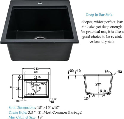 15x15 Black Drop In Bar Sink Workstation,Quartz Outdoor Rv Wet Bar | 15 Inch Single Bowl Small Drop In Kitchen Sinks with Cutting Board,Quartz Composite, Rust-Proof & Easy Clean