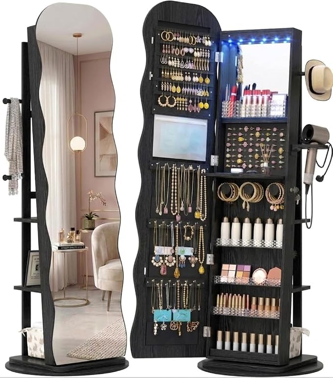 Vlsrka 360° Swivel Jewelry Armoire with Full Length Wave Mirror, Black | Lockable Mirror Jewelry Cabinet Standing, Interior LED Makeup Mirror, Foldable Shelf, Large Capacity, Gift for Women, Girls