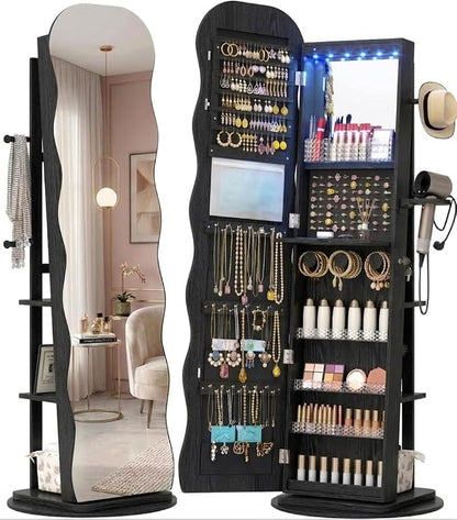 Vlsrka 360° Swivel Jewelry Armoire with Full Length Wave Mirror, Black | Lockable Mirror Jewelry Cabinet Standing, Interior LED Makeup Mirror, Foldable Shelf, Large Capacity, Gift for Women, Girls