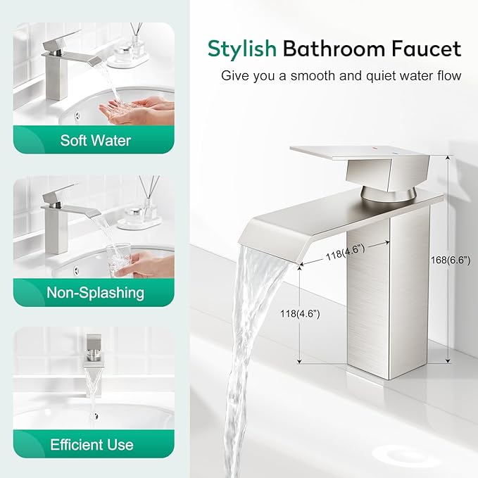 CREA Waterfall Bathroom Faucet 1 Hole,Brushed Nickel Bathroom Faucet Single Handle Bathroom Sink Faucet with Pop Up Drain Stopper/ 3 Hole Plate,Stainless Steel RV Vanity Faucet Basin Mixer Tap