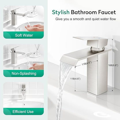 CREA Waterfall Bathroom Faucet 1 Hole,Brushed Nickel Bathroom Faucet Single Handle Bathroom Sink Faucet with Pop Up Drain Stopper/ 3 Hole Plate,Stainless Steel RV Vanity Faucet Basin Mixer Tap