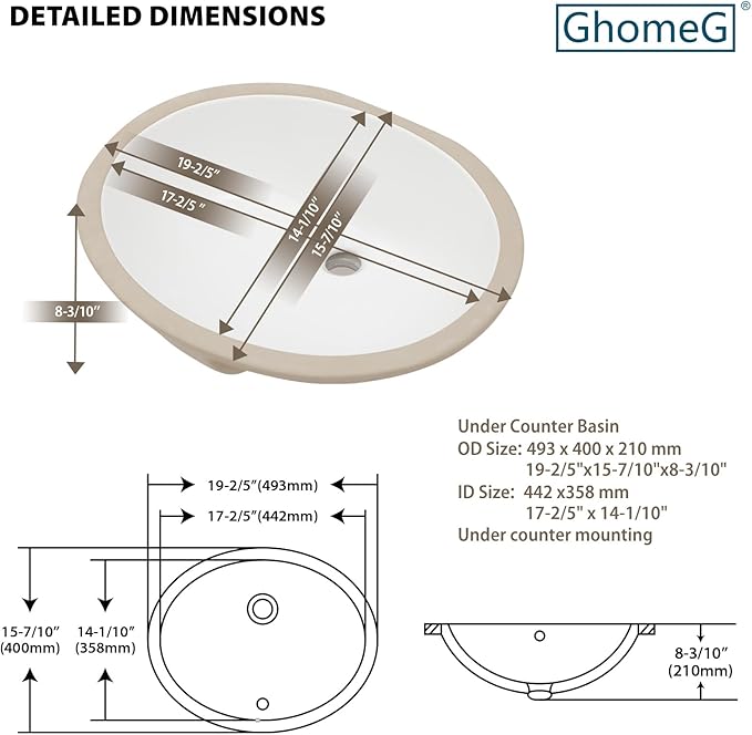 Undermount Bathroom Sink 19x16 Inch White Porcelain Ceramic Lavatory Vanity Sink with Overflow, Under Counter Bathroom Sink, Oval Undermount Vessel Sink for Bathroom