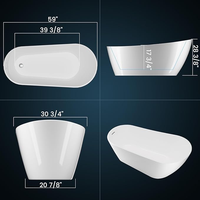Freestanding Bathtub 59 Inch – Acrylic Free Standing Tub with Chrome Drain & Overflow, Glossy White Soaking Bathtub for Modern Bathroom Remodel