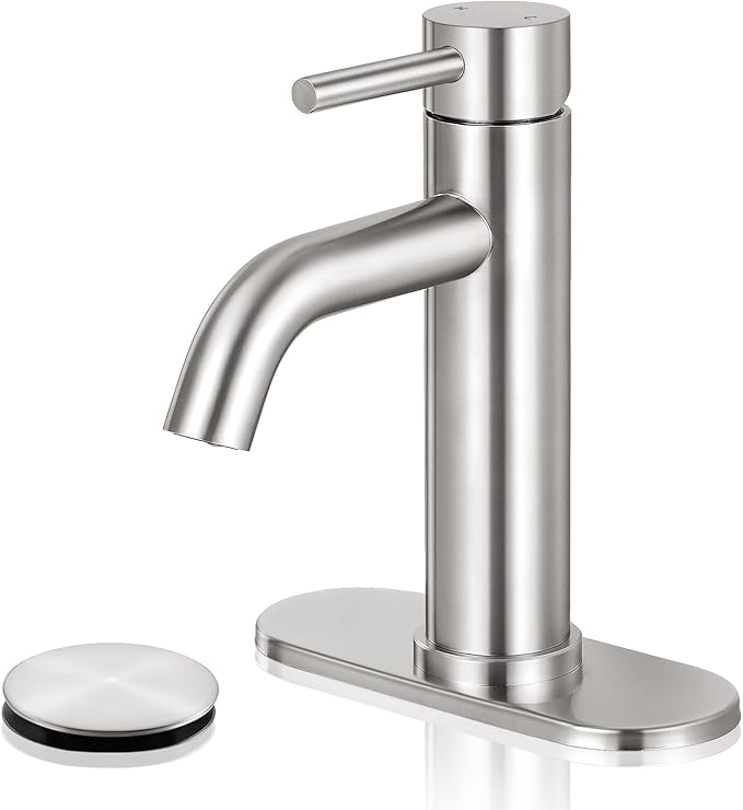 Brushed Nickel Bathroom Faucets, Modern Bathroom Sink Faucet Single Handle Bathroom Faucet for 1 or 3 Hole, Mixer Tap Vanity Faucet with Deck Plate, Pop-up Drain and Supply Hoses