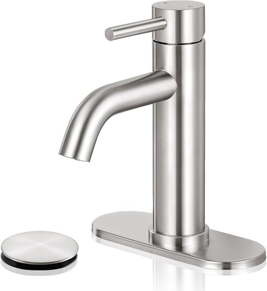 Brushed Nickel Bathroom Faucets, Modern Bathroom Sink Faucet Single Handle Bathroom Faucet for 1 or 3 Hole, Mixer Tap Vanity Faucet with Deck Plate, Pop-up Drain and Supply Hoses