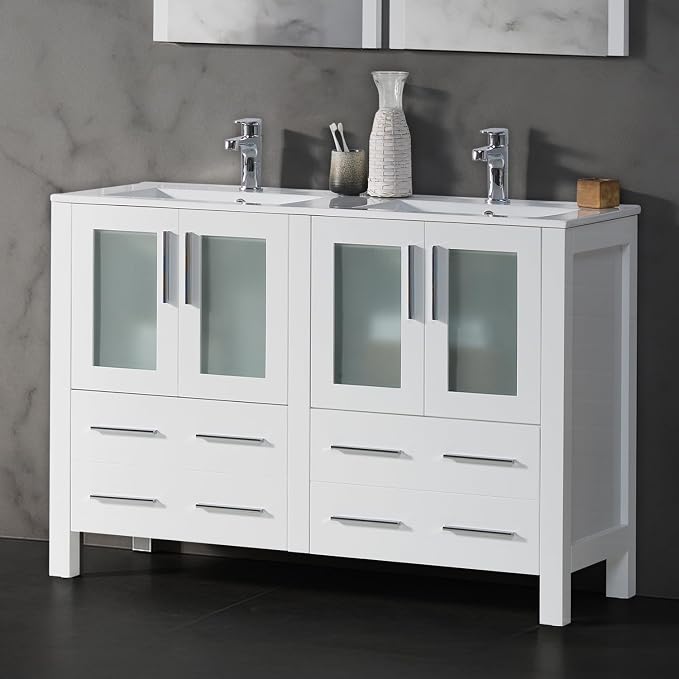 Blossom 48 Inch Solid Wood Double Sink Bathroom Vanity with Ceramic Top | Luxury Freestanding Master Bath Cabinet | 5-Layer Moisture-Resistant Finish | Soft-Close Drawers, Glossy White