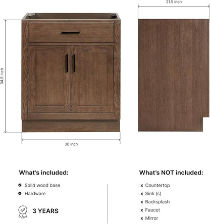 ARIEL Hepburn 30-inch Bathroom Vanity Base Cabinet,Solid Wood, 2 Soft Closing Doors, 1 Dovetail Drawers, Brown Oak