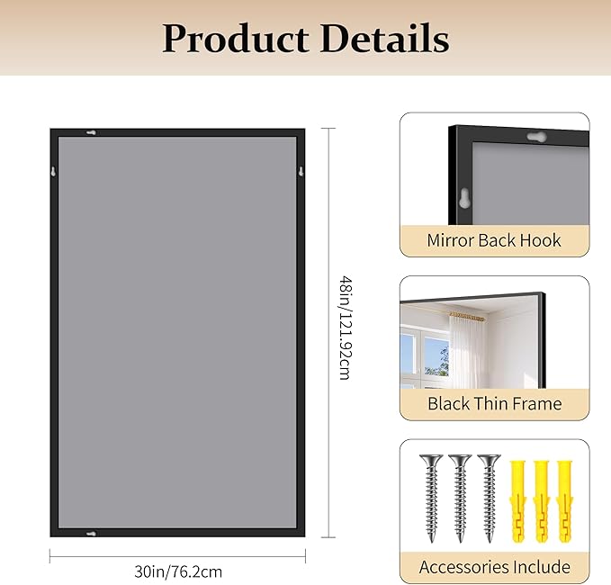 Black Bathroom Mirror for Wall, 30x48 Inch Rectangle Mirrors with Metal Frame, Modern Vanity Wall Mirror Decor for Bathroom Living Room, Entryway Hangs Horizontal or Vertical