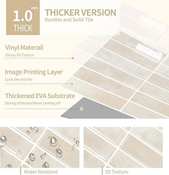 Peel and Stick Backsplash 3D Wall Tiles,Self-Adhesive,Oil Proof,Waterproof, Removable Wall Panels for Kitchen & Bathroom,Modern Design, Easy Install (10.7ft，12x9 inch,14 Pack) (Beige)