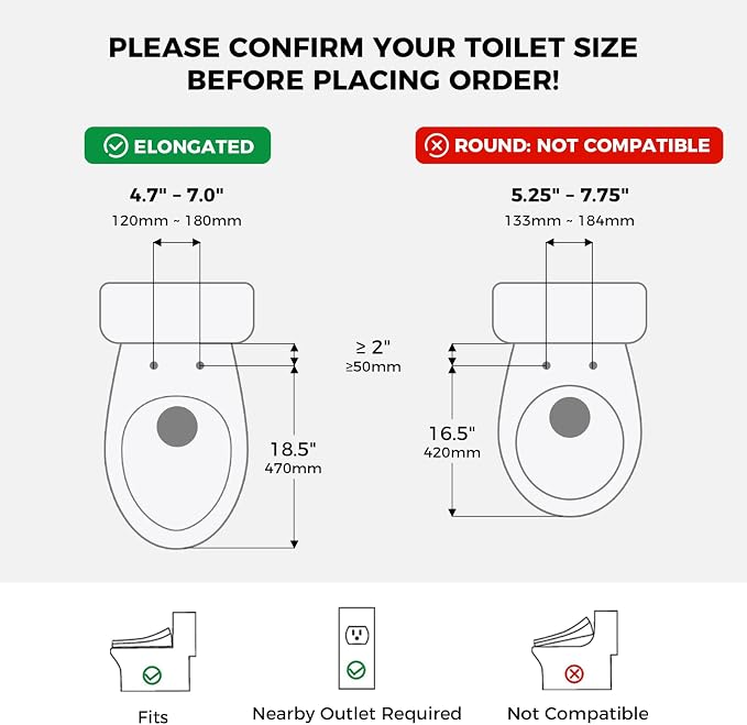 Electric Bidet Toilet Seat for Elongated Toilets, Side Control Panel | Warm Air Dryer, LED Display, Self-Cleaning Nozzle, Rear & Feminine Wash, Soft Close Lid, LED Night Light, Side Control Panel