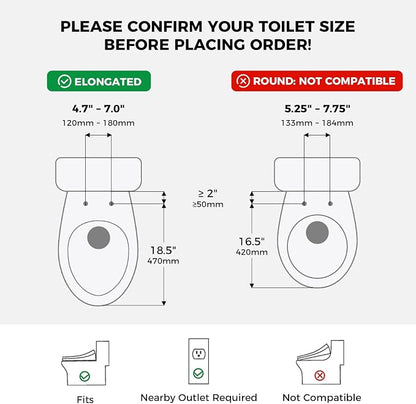 Electric Bidet Toilet Seat for Elongated Toilets, Side Control Panel | Warm Air Dryer, LED Display, Self-Cleaning Nozzle, Rear & Feminine Wash, Soft Close Lid, LED Night Light, Side Control Panel