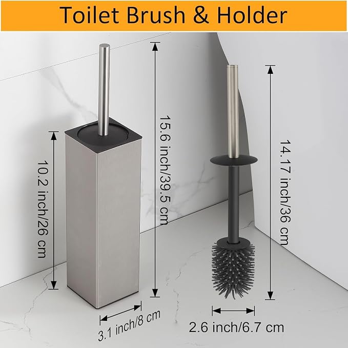 BGL Toilet Brush and Holder Set Brushed Nickel Aluminium Freestanding Toilet Bowl Cleaner Brush and Holder for Bathroom Storage and Organization, Square Design Sturdy and Space Saving
