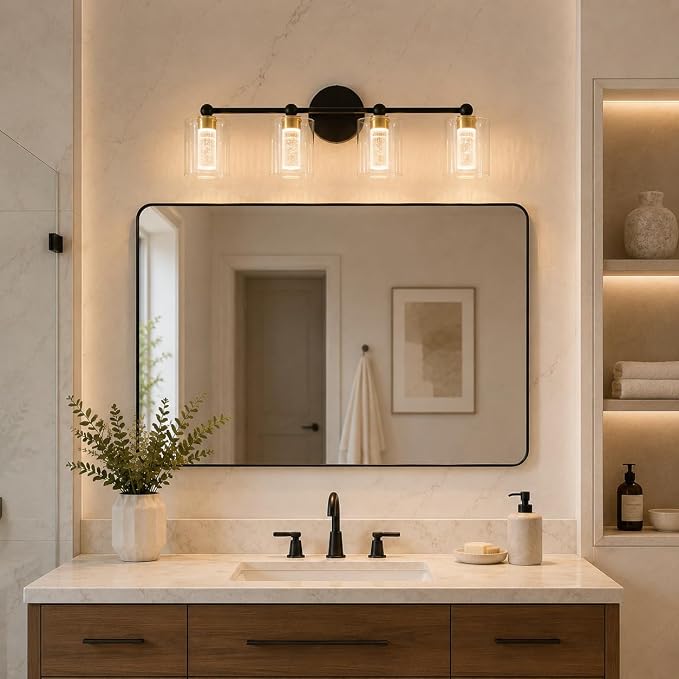 Black and Gold Vanity Light with 3 Color Modes, Eye Protection LED Bathroom Light Fixtures, Dimmable Modern Wall Light Over Mirror with Clear Glass Shade (Black & Gold, 4-Light)