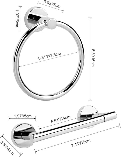 Polished Chrome Toilet Paper Holder Set, Stainless Steel Towel Ring, Double Post Pivoting Toilet Paper Holder and Hand Towel Holder Set for Bathroom, Bathroom Hardware Accessories Set Silver