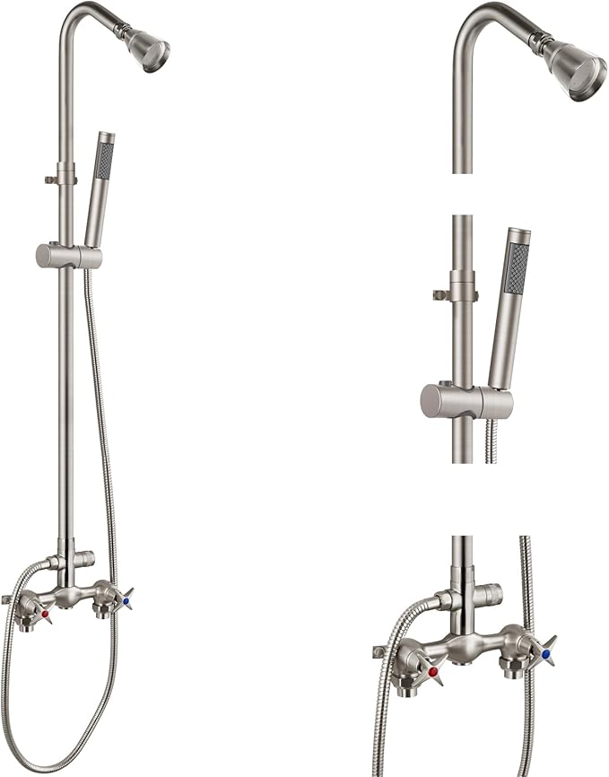 Aolemi Outdoor Shower Kit with Handheld,Round Rain Shower,Brushed Nickel | 2-Handle Hot and Cold Control, Adjustable Height, 6-Inch Center Valve, 59-Inch Hose, Winter Drainage Outdoor Shower Fixtures