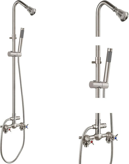Aolemi Outdoor Shower Kit with Handheld,Round Rain Shower,Brushed Nickel | 2-Handle Hot and Cold Control, Adjustable Height, 6-Inch Center Valve, 59-Inch Hose, Winter Drainage Outdoor Shower Fixtures