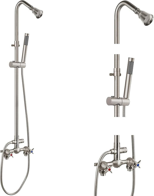 Aolemi Outdoor Shower Kit with Handheld,Round Rain Shower,Brushed Nickel | 2-Handle Hot and Cold Control, Adjustable Height, 6-Inch Center Valve, 59-Inch Hose, Winter Drainage Outdoor Shower Fixtures