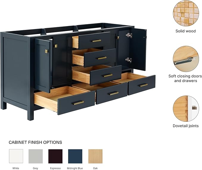 ARIEL Cambridge 66-inch Bathroom Vanity Base Cabinet,Solid Wood, 4 Soft Closing Doors, 6 Dovetail Drawers, Midnight Blue