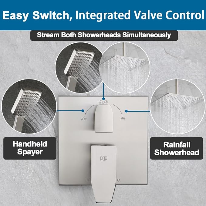 12 Inch Ceiling Mount Shower Faucet Set Brushed Nickel Ceiling Rainfall Shower Head and Handle Set Bathroom Rain Shower System Include Shower Valve and Trim Kit