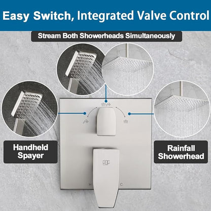 12 Inch Ceiling Mount Shower Faucet Set Brushed Nickel Ceiling Rainfall Shower Head and Handle Set Bathroom Rain Shower System Include Shower Valve and Trim Kit