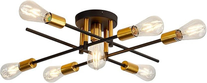 UOFUS 7-Light Semi Flush Mount Ceiling Light Fixture Matte with E26 Base Modern Black and Gold Chandelier Mid Century Modern Ceiling Lamp for Farmhouse Kitchen Dining Room Bedroom Living Room Bathroom