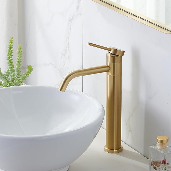 Hotis Gold Vessel Sink Faucet, 360 Swivel Brushed Gold Vessel Faucet, Single Handle Tall Body Farmhouse Vessel Faucet, Bathroom Faucets for Sink 1 Holewith Pop Up Drain