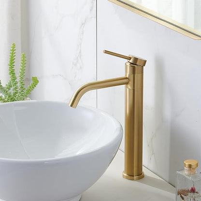 Hotis Gold Vessel Sink Faucet, 360 Swivel Brushed Gold Vessel Faucet, Single Handle Tall Body Farmhouse Vessel Faucet, Bathroom Faucets for Sink 1 Holewith Pop Up Drain