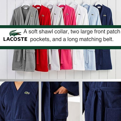 Lacoste Classic Pique Bath Robe, 100% Soft Cotton Terry, Unisex Adult Bathrobe, Absorbent & Quick Drying, One Size Fits Most