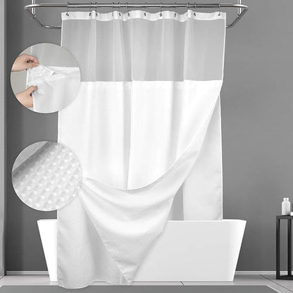 N&Y HOME Extra Long Waffle Weave Shower Curtain 96 Inch Length with Snap-in Fabric Liner & Metal Hooks Set - Hotel Style, Waterproof & Washable, Heavyweight Fabric & Mesh Top Window - 71"Wx96"L, White