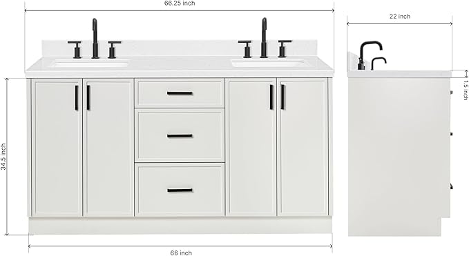 ARIEL Kelly 66-inch Bathroom Vanity with Sink,Solid Wood, 1.5-inch Carrara White Quartz Countertop & Backsplash, Double Rectangular Porcelain Sink, 4 Soft Closing Doors, 5 Dovetail Drawers, White