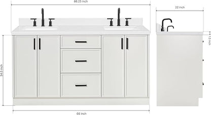 ARIEL Kelly 66-inch Bathroom Vanity with Sink,Solid Wood, 1.5-inch Carrara White Quartz Countertop & Backsplash, Double Rectangular Porcelain Sink, 4 Soft Closing Doors, 5 Dovetail Drawers, White