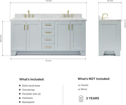 DKB Emilia 72 Inch Bathroom Vanity Double Sink — Grey Bathroom Vanity with Sink, 1.5" Edge Italian Carrara Marble Countertop & Backsplash, 4 Soft-Close Doors, and 6 Dovetail Drawers