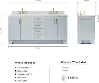 ARIEL Taylor 72-inch Bathroom Vanity with Sink,Solid Wood, 1.5-inch Italian Carrara Marble Countertop & Backsplash, Double Rectangular Porcelain Sink, 4 Soft Closing Doors, 6 Dovetail Drawers, Grey