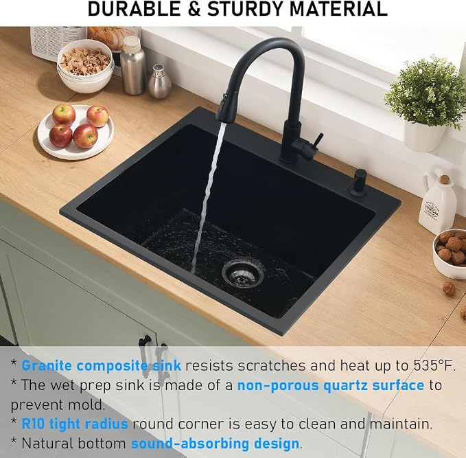 25 Inch Quartz Drop In Kitchen Sink | 25x22 Inch Black Granite Composite Quartz Drop In Utility Outdoor Sink Topmount Single Bowl Kitchen Sink with Rubber Squeegee