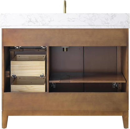 Vanity Art 42" Bathroom Vanity with Single Sink & Arabescato White Engineered Stone Top, Vanity Cabinet with Soft Closing Door, Solid Wood Frame, Golden Brushed Handles, Walnut VA8142-Walnut-GB