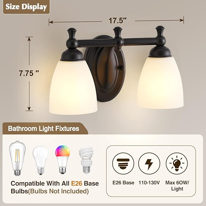 2 Lights Bathroom Vanity Light, Black Bath Vanity Light Modern Bathroom Vanity Lights Vintage Style for Living Room Cabinet Bedroom About Mirror
