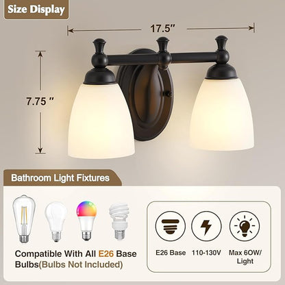 2 Lights Bathroom Vanity Light, Black Bath Vanity Light Modern Bathroom Vanity Lights Vintage Style for Living Room Cabinet Bedroom About Mirror