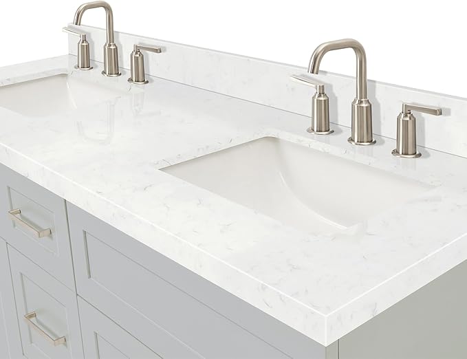ARIEL Hamlet 60-inch Bathroom Vanity with Sink,Solid Wood, 1.5-inch Carrara White Quartz Countertop & Backsplash, Double Rectangular Porcelain Sink, 4 Soft Closing Doors, 3 Dovetail Drawers, Grey