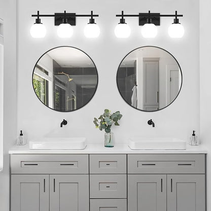 Modern Vanity Lighting Fixtures,3-Light Black Bathroom Lighting Fixtures Over Mirror，Bathroom Wall Mounted Vanity Light with Milky White Glass Lampshade for Living Room，Bedroom，Hallway