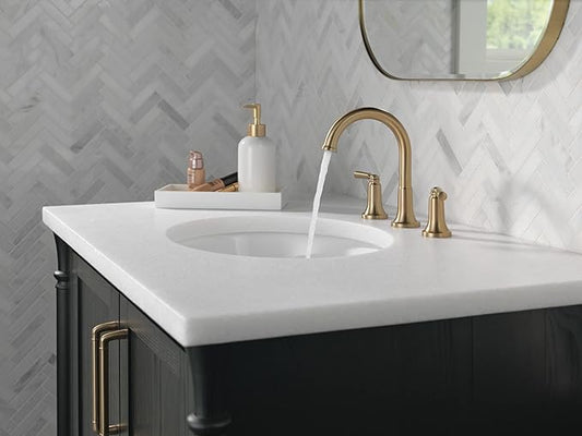 Delta Saylor Brushed Gold Bathroom Faucet 3 Hole, 8 Inch Widespread Bathroom Sink Faucet for Vanity, Metal Push-Pop Drain Assembly, Champagne Bronze 3535-CZMPU-DST