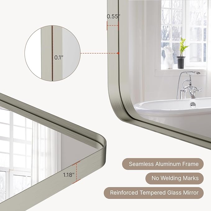 32"x24"Bathroom Vanity Mirror for Wall Aluminum Framed Farmhouse Rectangle | Anti-Rust, HD Reflection Anti-Desilvering, Distortion Free, Tempered and Shatter-Proof Wall Mounted Mirror, Brushed Nickel