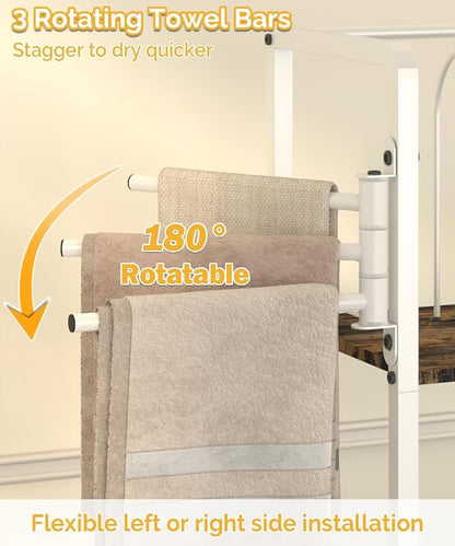 Mondazie Towel Racks for Bathroom Storage Shelves Free Standing, White | 3-Tier Bathroom Towel Rack with 3 Rotating Bars, Pool Towel Holder Stand with Detachable Dividers & 8 Hooks for Poolside